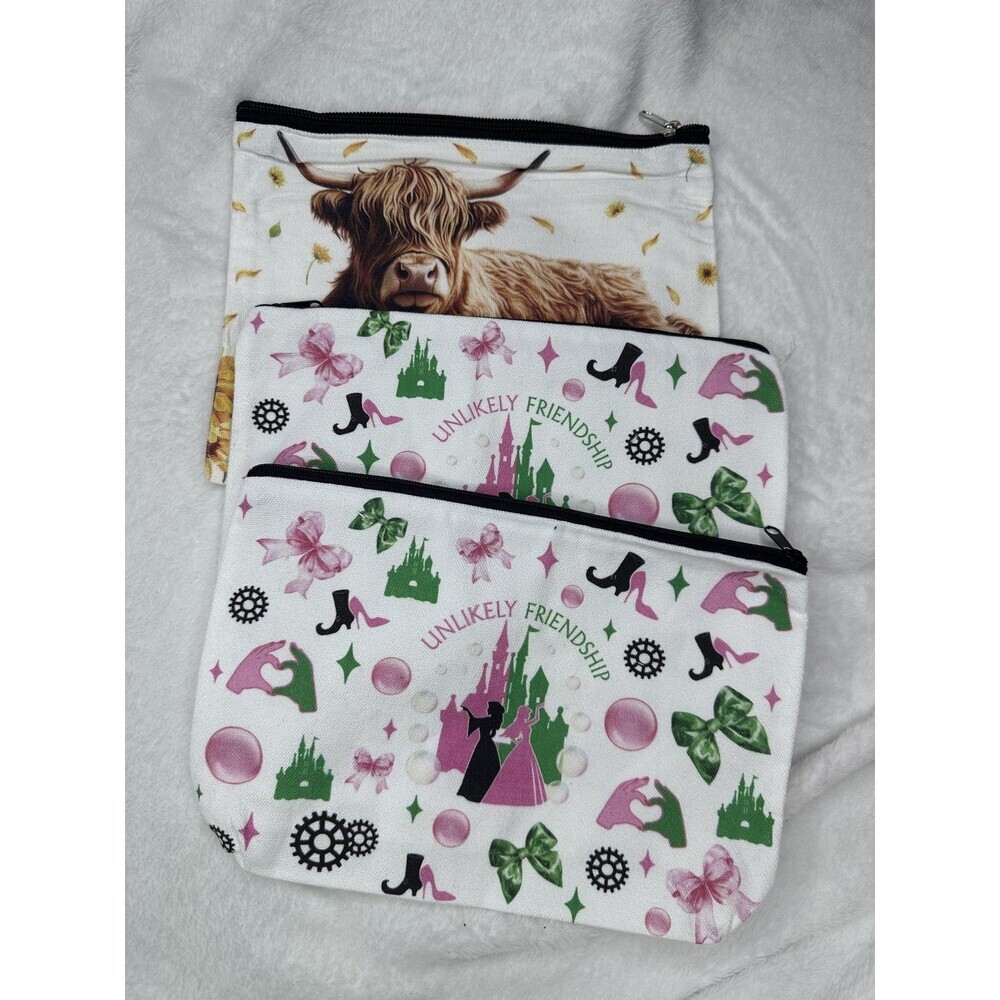 Set Of 3 Multicolor Fabric Makeup Bags Cosmetic Pouches Zipper Top Cow Sunflower
